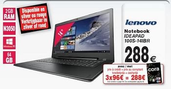 Promoties Lenovo notebook ideapad 100s-14ibr - Lenovo - Geldig van 11/10/2016 tot 24/10/2016 bij Cora