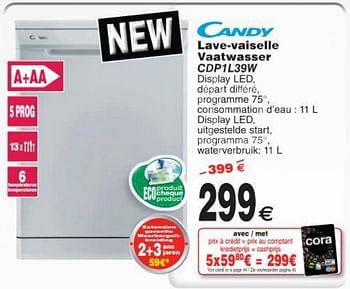 Promoties Candy lave-vaiselle vaatwasser cdp1l39w - Candy - Geldig van 11/10/2016 tot 24/10/2016 bij Cora