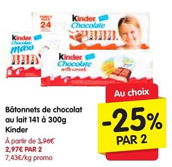 Promoties Bâtonnets de chocolat au lait kinder - Kinder - Geldig van 13/10/2016 tot 19/10/2016 bij Red Market