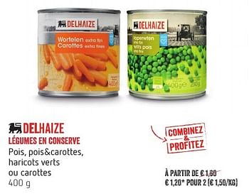 Promotions Légumes en conserve pois, pois+carottes, haricots verts ou carottes - Produit Maison - Delhaize - Valide de 13/10/2016 à 19/10/2016 chez Delhaize