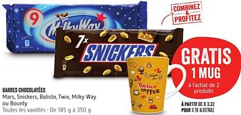 Promotions Barres chocolatées mars, snickers, balisto, twix, milky way ou bounty - Snickers - Valide de 13/10/2016 à 19/10/2016 chez Delhaize