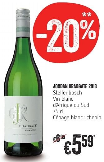 Promotions Jordan bradgate 2013 stellenbosch vin blanc - Vins blancs - Valide de 13/10/2016 à 19/10/2016 chez Delhaize