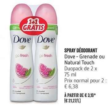 Promoties Spray déodorant dove - grenade ou natural touch - Dove - Geldig van 13/10/2016 tot 19/10/2016 bij Delhaize