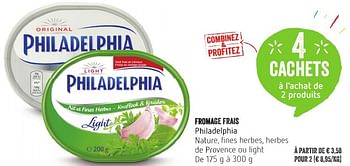 Promoties Fromage frais philadelphia nature, fines herbes, herbes de provence ou light - Philadelphia - Geldig van 13/10/2016 tot 19/10/2016 bij Delhaize