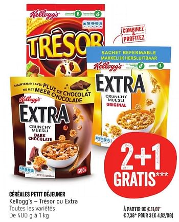 Promoties Céréales petit déjeuner kellogg`s - trésor ou extra - Kellogg's - Geldig van 13/10/2016 tot 19/10/2016 bij Delhaize