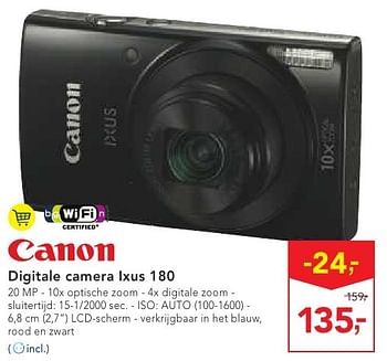 Promoties Canon digitale camera ixus 180 - Canon - Geldig van 19/10/2016 tot 01/11/2016 bij Makro