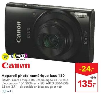 Promoties Canon appareil photo numérique ixus 180 - Canon - Geldig van 19/10/2016 tot 01/11/2016 bij Makro