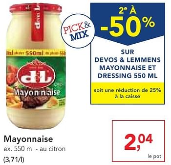 Promotions Mayonnaise - Devos Lemmens - Valide de 19/10/2016 à 01/11/2016 chez Makro