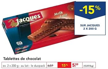 Promotions Tablettes de chocolat - Jacques - Valide de 19/10/2016 à 01/11/2016 chez Makro