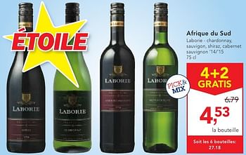 Promotions Afrique du sud laborie - chardonnay, sauvigon, shiraz, cabernet sauvignon `14-`15  - Vins blancs - Valide de 19/10/2016 à 01/11/2016 chez Makro