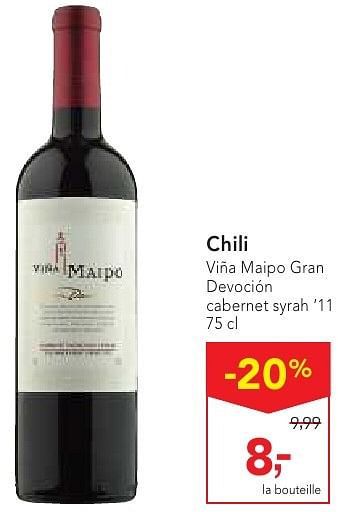 Promotions Chili viña maipo gran devoción cabernet syrah `11  - Vins rouges - Valide de 19/10/2016 à 01/11/2016 chez Makro