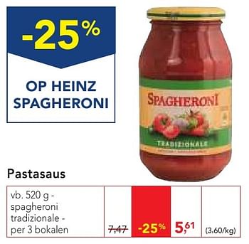 Promoties Pastasaus spagheroni tradizionale - Heinz - Geldig van 19/10/2016 tot 01/11/2016 bij Makro