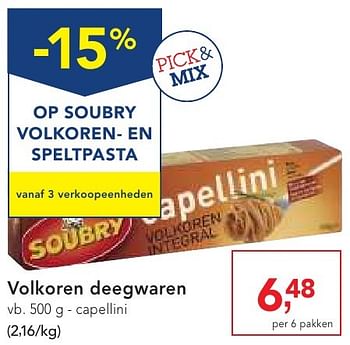 Promoties Volkoren deegwaren capellini - Soubry - Geldig van 19/10/2016 tot 01/11/2016 bij Makro
