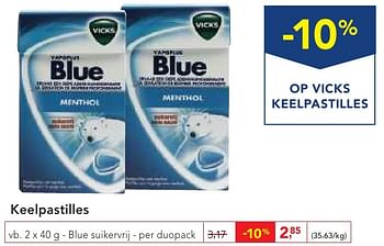 Promoties Keelpastilles blue suikervrij - Vicks - Geldig van 19/10/2016 tot 01/11/2016 bij Makro