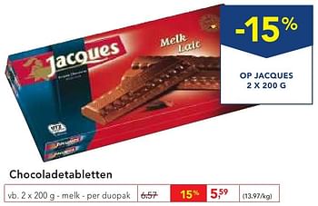 Promoties Chocoladetabletten melk - Jacques - Geldig van 19/10/2016 tot 01/11/2016 bij Makro