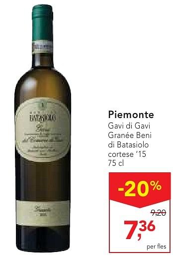 Promoties Piemonte gavi di gavi granée beni di batasiolo cortese 15 - Witte wijnen - Geldig van 19/10/2016 tot 01/11/2016 bij Makro