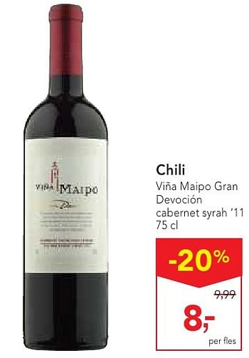 Promoties Chili viña maipo gran devoción cabernet syrah 11  - Rode wijnen - Geldig van 19/10/2016 tot 01/11/2016 bij Makro