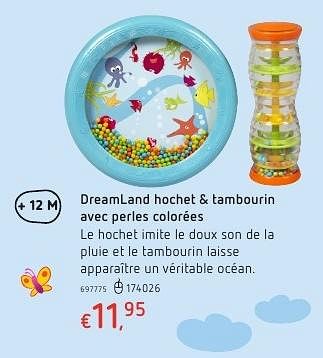 Promoties Dreamland hochet + tambourin avec perles colorées - Huismerk - Dreamland - Geldig van 20/10/2016 tot 06/12/2016 bij Dreamland
