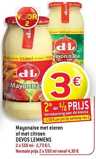 Promoties Mayonaise met eieren of met citroen devos lemmens - Devos Lemmens - Geldig van 19/10/2016 tot 25/10/2016 bij Smatch