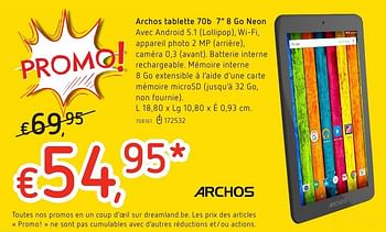 Promoties Archos tablette 70b 8 go neon - Archos - Geldig van 20/10/2016 tot 06/12/2016 bij Dreamland