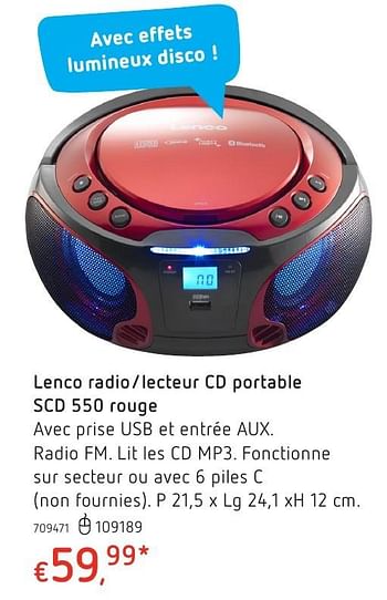 Promotions Lenco radio-lecteur cd portable scd 550 rouge - Lenco - Valide de 20/10/2016 à 06/12/2016 chez Dreamland