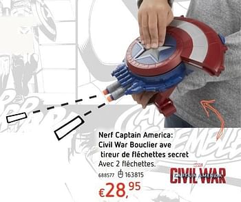 Promotions Nerf captain america: civil war bouclier avec tireur de fléchettes secret - Nerf - Valide de 20/10/2016 à 06/12/2016 chez Dreamland