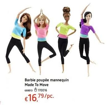 Promoties Barbie poupée mannequin made to move - Mattel - Geldig van 20/10/2016 tot 06/12/2016 bij Dreamland