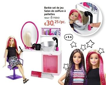 Promotions Barbie set de jeu salon de coiffure à paillettes - Mattel - Valide de 20/10/2016 à 06/12/2016 chez Dreamland