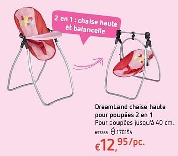 Promoties Dreamland chaise haute pour poupées 2 en 1 - Huismerk - Dreamland - Geldig van 20/10/2016 tot 06/12/2016 bij Dreamland