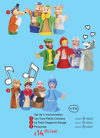 Promoties Set de 4 marionnettes les trois petits cochons - Huismerk - Dreamland - Geldig van 20/10/2016 tot 06/12/2016 bij Dreamland