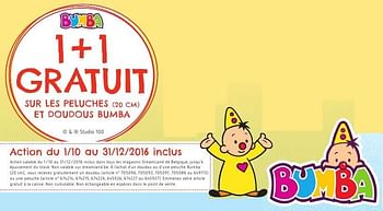Promoties 1+1 gratuit sur les peluches (20 cm) et doudous bumba - Bumba - Geldig van 20/10/2016 tot 06/12/2016 bij Dreamland