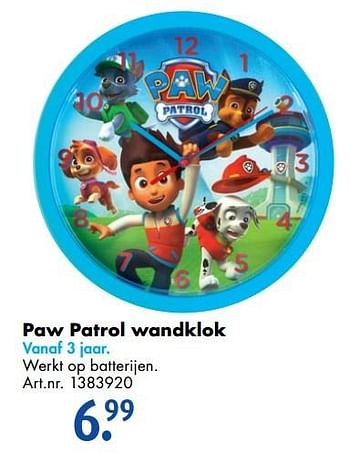 Promotions Paw patrol wandklok - PAW  PATROL - Valide de 17/10/2016 à 01/01/2017 chez Bart Smit
