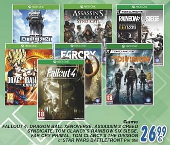 Promotions Game fallout 4, dragon ball xenoverse, assassin`s creed syndicate, tom clancy`s rainbow six siege, far cry primal, tom clancy`s the division of star wars b - Ubisoft - Valide de 18/10/2016 à 06/12/2016 chez Cora