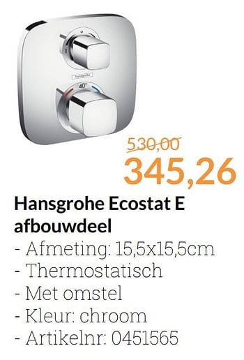 Promoties Hansgrohe ecostat e afbouwdeel - Hansgrohe - Geldig van 01/11/2016 tot 30/11/2016 bij Sanitairwinkel