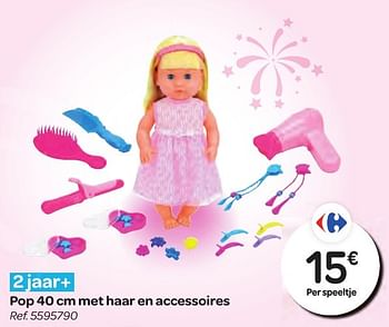 Promoties Pop 40 cm met haar en accessoires - Huismerk - Carrefour  - Geldig van 26/10/2016 tot 06/12/2016 bij Carrefour