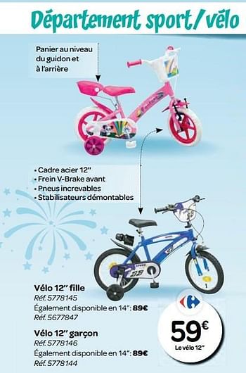 Promoties Vélo 12`` fi lle - Huismerk - Carrefour  - Geldig van 26/10/2016 tot 06/12/2016 bij Carrefour