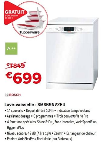 Promoties Bosch lave-vaisselle - sms69n72eu - Bosch - Geldig van 29/10/2016 tot 30/11/2016 bij Exellent