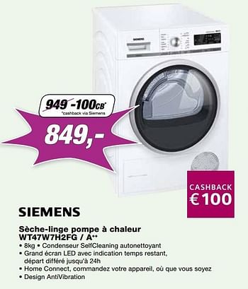 Promotions Siemens sèche-linge pompe à chaleur wt47w7h2fg - a++ - Siemens - Valide de 24/10/2016 à 30/11/2016 chez ElectronicPartner