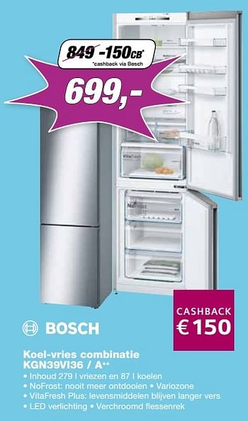 Promoties Bosch koel-vries combinatie kgn39vi36 - a++ - Bosch - Geldig van 24/10/2016 tot 30/11/2016 bij ElectronicPartner