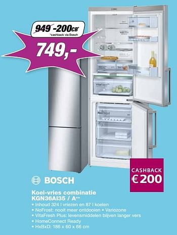 Promoties Bosch koel-vries combinatie kgn36ai35 - a++ - Bosch - Geldig van 24/10/2016 tot 30/11/2016 bij ElectronicPartner