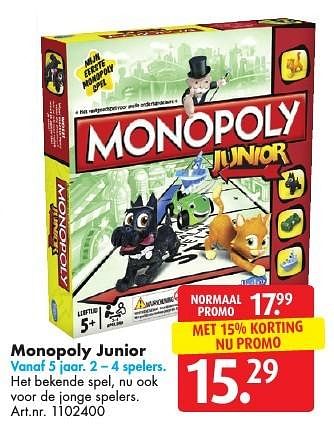 Promoties Monopoly junior - Hasbro - Geldig van 05/11/2016 tot 20/11/2016 bij Bart Smit