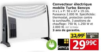 Promotions Convecteur électrique mobile turbo sencys - Sencys - Valide de 08/11/2016 à 05/12/2016 chez BricoPlanit