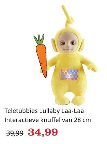 Promotions Teletubbies lullaby laa-laa interactieve knuffel - Teletubbies  - Valide de 12/10/2016 à 05/12/2016 chez Bol.com