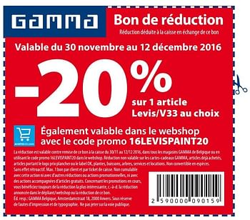 Promoties -20% sur 1 article levis-v33 au choix - Huismerk - Gamma - Geldig van 30/11/2016 tot 12/12/2016 bij Gamma