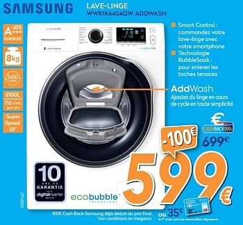Promotions Samsung lave-linge ww81k6404qw addwash - Samsung - Valide de 24/11/2016 à 24/12/2016 chez Krefel