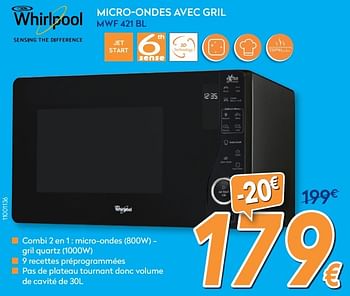 Promotions Whirlpool micro-ondes avec gril mwf 421 bl - Whirlpool - Valide de 24/11/2016 à 24/12/2016 chez Krefel