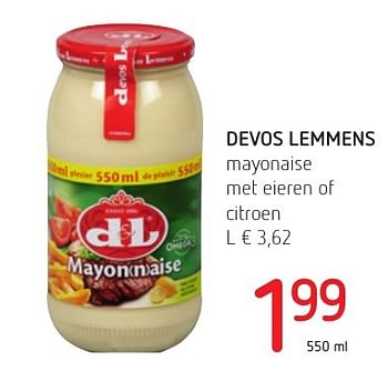 Promoties Devos lemmens mayonaise met eieren of citroen - Devos Lemmens - Geldig van 01/12/2016 tot 14/12/2016 bij Eurospar (Colruytgroup)