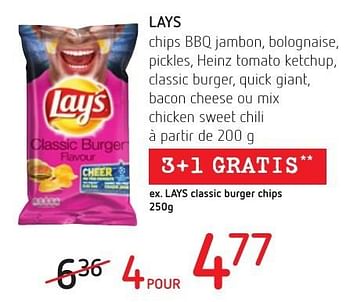 Promotions Lays chips bbq jambon, bolognaise, pickles, heinz tomato ketchup, classic burger, quick giant, bacon cheese ou mix chicken sweet chili - Lay's - Valide de 01/12/2016 à 14/12/2016 chez Eurospar (Colruytgroup)