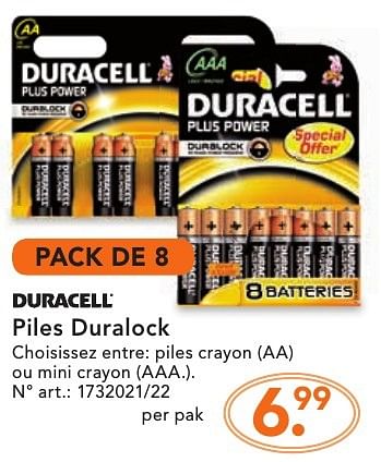 Promoties Piles duralock - Duracell - Geldig van 21/11/2016 tot 04/12/2016 bij Blokker