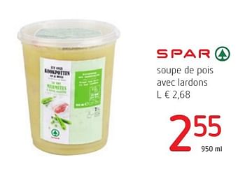 Promoties Soupe de pois avec lardons - Spar - Geldig van 01/12/2016 tot 14/12/2016 bij Spar (Colruytgroup)